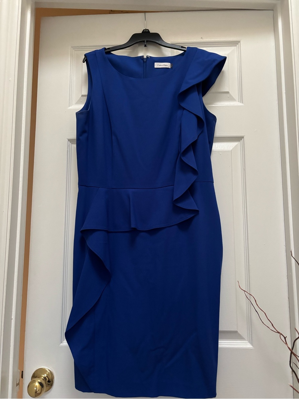 Calvin Klein Cobalt Blue Ruffle Midi Sheath Dress